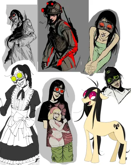 7 drawings cut out and pasted to fit in frame, of a character with long dark hair and a metal 'goggle-like' apparatus affixed to his face, with the emanating harsh red light (green light in two of the drawings). in one drawing he is stylized like a My Little Pony character.