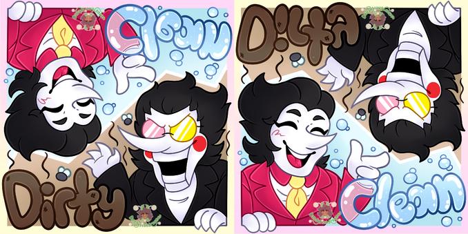 an image of spamton where one half of it is big shot spamton with the words clean and bubbles next to him and the other half is puppet spamton with the worst dirty and stink lines and flies around him