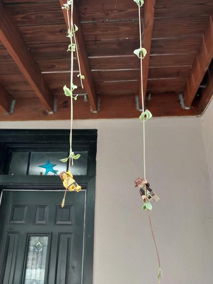 Lego figures of Tarzan and Indiana Jones cling to vinca vines, trailing down in front of a house door.