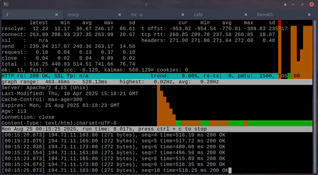 The image shows a terminal window displaying network performance metrics and HTTP request details. The top section of the window contains a table with columns labeled "latest," "min," "avg," "max," "sd," "mc-a," "cur," "cafe," and "RemAD." The table includes data such as "resolve," "connect," "ssl," "send," "headers," "close," and "ok" with numerical values. The "HTTP rc" column shows "200 OK," and the "SSL fp" is "n/a." The "graph" section displays a histogram with orange bars, indicating data distribution, and a green bar at the bottom. The "Server" field shows "Apache/2.4.63 (Unix)," and the "Last Modified" date is "Thu, 04 Aug 2025 15:18:21 GMT." The "Content-Type" is "text/html; charset=UTF-8." The bottom section lists timestamps, IP addresses, and response times for HTTP requests, all marked as "200 OK." The terminal also includes a message "ctrl + c to stop" and a timestamp "Mon Aug 25 03:18:23 GMT 2025."
Provided by @altbot, generated privately and locally using Ovis2-8B
π± Energy used: 0.946 Wh