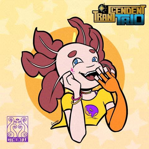 A bust picture of the character Aster Nightingale, a pink axolotl-like humanoid. They’re wearing a yellow shirt with a purple doughnut in the center reminiscent of the intersex flag, have an orange finger-less glove on their left arm, pink and yellow bangles on their right, and a rainbow choker. Their mouth is open and as if in a half-laugh with their left hand partially covering it. Cthonyxa’s logo is on the bottom left.