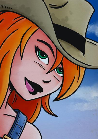 Portrait of a young woman with long red hair wearing a ten gallon hat and denim overalls.