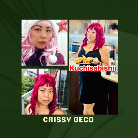 Photocollage of Crissy (left to right, top to bottom)
1. woman with a light pink wig and a striped red and white Santa hat with a pom-pom. She is standing in front of a white door with a large red star ornament on it. Taken Dec. 2, 2022 for #ChristmasCheer

2. woman with bright pink hair is smiling, wearing a headband with red horns and red flowers. She is standing on a balcony with a glass railing visible in the background. Taken Aug. 17, 2025 for #WeirdLinkedIn

3. woman with magenta hair is standing in a buffet line, holding a plate of food. She is wearing a black dress, and the words "Kuchisabishii" are superimposed on the image in red letters with a white outline. Taken Aug. 20, 2025 for #BelatedBirthday