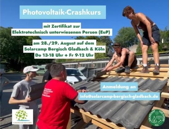 Photovoltaik-Crashkurs - mit Zertifikat - Do 13-18, Fr 9-12 - Anmeldung unter info@solarcamp-bergisch-gladbach.de