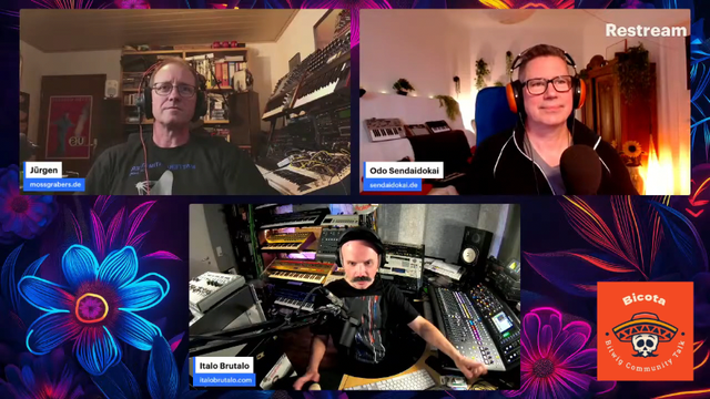 Jürgen Mossgraber, Odo Sendaidokai, Vincent aka Italo Brutalo in their studios talking in the Bicota Bitwig Community Podcast