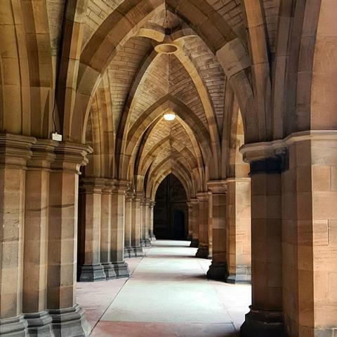 The columns and vaulted roof of the undercroft at Glasgow University.