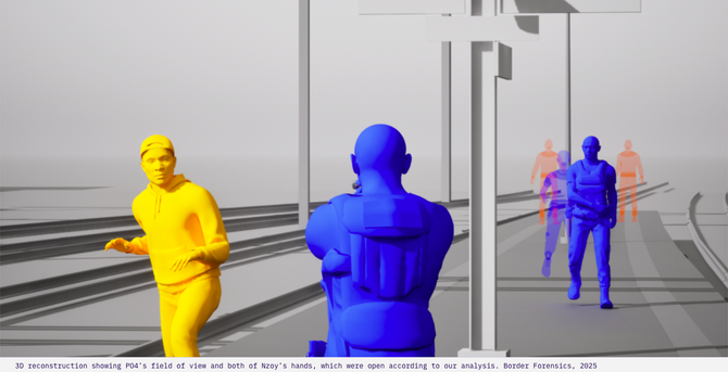 3D reconstruction showing PO4’s field of view and both of Nzoy’s hands, which were open according to our analysis. Border Forensics, 2025. #BorderForensics