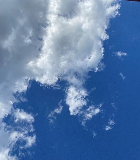 Color image of a deep blue summer sky and puffy cumulus clouds over Atwood Lake, Tuscarawas County, Ohio, USA, showing an osprey soaring high above on the rising columns of heated air above the lake.