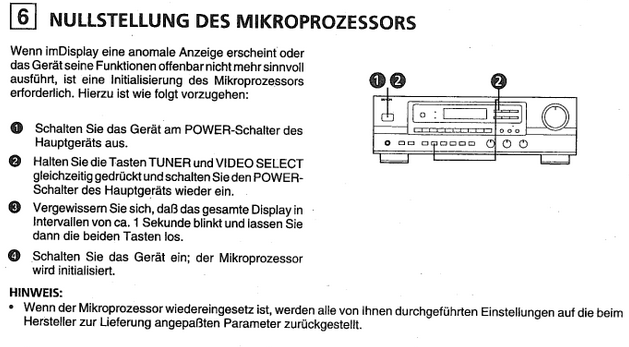Screenshot from german manual for denon avr 1100-rd, explainig the factory rest key combination TUNER + VIDEO SELECT
