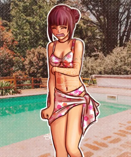 Digital fully rendered illustration of Mey-Rin from Black Butler, drawn from the knees up. She is wearing a white bikini with a pink floral pattern. She is not wearing her glasses. She is squuezing her eyes shut, yelping and blushing deeply while trying to cover herself up. The background is a stock photo of a backyard with a swimming pool and trees in the distance.