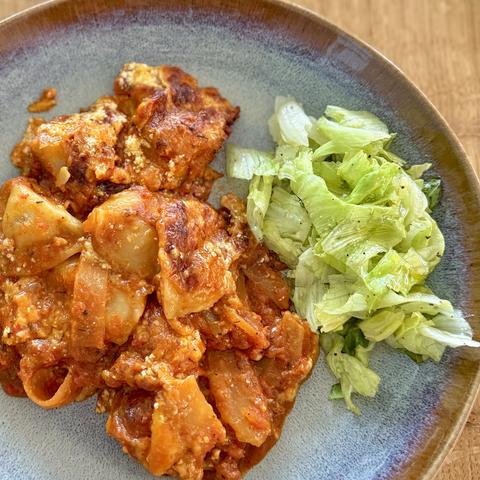 A close-up of my plate with the meal as described in the post.