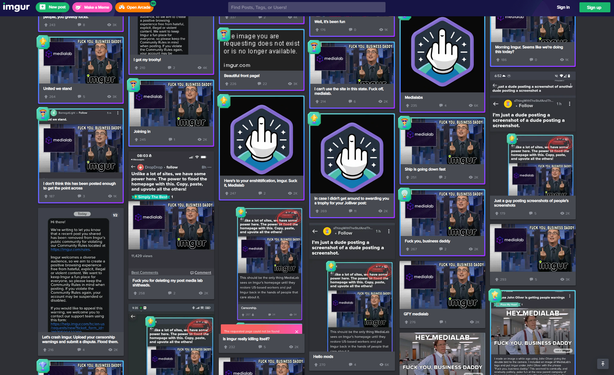 A screenshot of Imgur "most viral" feed filled with "f*ck you, Medialab" posts.