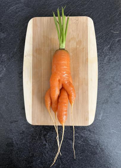 Grey countertop with small chopping board on which lies a quadruple carrot. 🥕 Quite the surprise!!