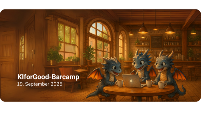 Man sieht Drachen, die in einer Bibliothek gemeinsam an einem PC arbeiten. Das Bild illustriert die Einladung zum KIforGood-BarCamp am 19. September 2025.
