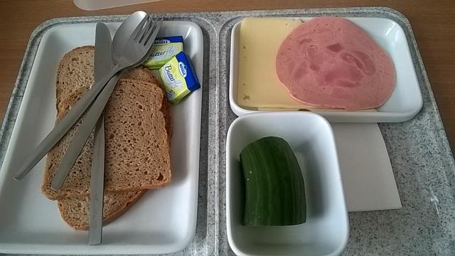 Bild zeigt ein Krankenhaus-Abendbrot: auf eiskalten viereckigen Tellern liegen 2 Scheiben Industriebrot, 2 abgepackte Butterwürfel, eine hauchdünne scheibe Wurstware, 2 dünne Scheiben Billigkäse und ca. 5 cm von einer grünen Gurke. Dabei Besteck und eine kleine Papierserviette. Es schmeckt, wie es aussieht: nicht gut aber billig.