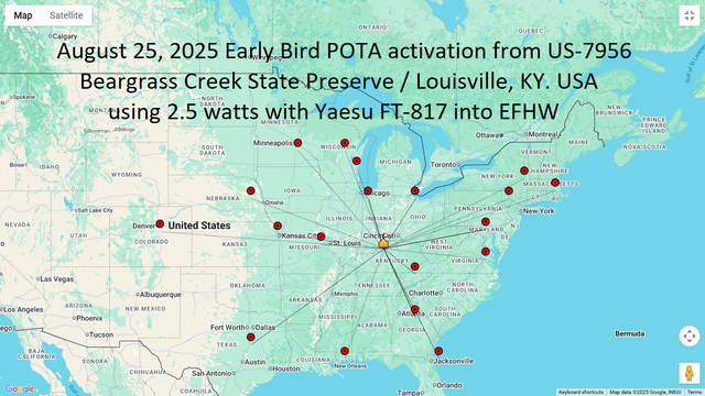 A map of the U.S. showing Amateur Radio Morse Code contacts on August 25, 2025