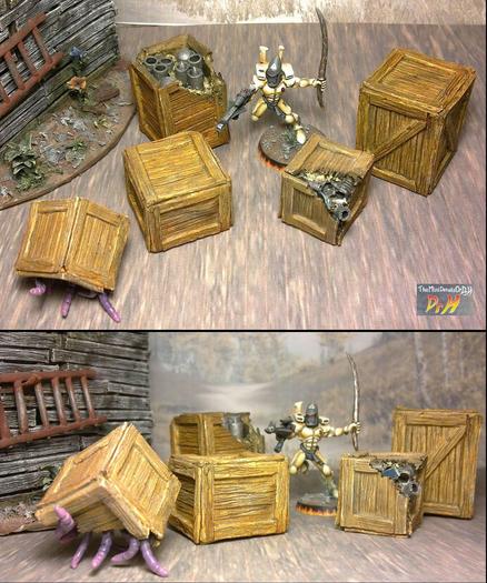 High and low angle views of the example boxes and an Eldar guardian for scale.