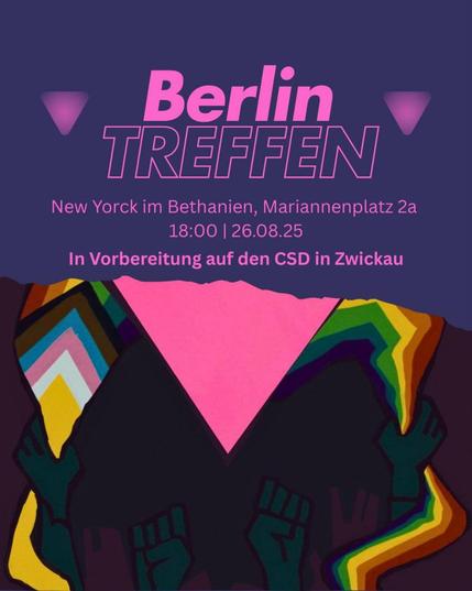 💥Ankündigung! Dienstag 26.08.2025💥

🏳️‍🌈 🔥Priderebellion Berlin Offenes Planungstreffen🔥🏳️‍⚧️

Dienstag, 26.08.2025 | 18:00 | New Yorck Bethanien Mariannenplatz 2a 10997 Berlin

Anreise: U1, U3, U8 Kottbusser Tor | Bus 140 Mariannenplatz | Bus 147 Adalbertstraße | M29 Rio-Reiser-Platz

📣 Aufruf: https://asanb.noblogs.org/?p=12820 - @priderebellion.berlin

#b2608 #csdverteidigen

💥Offenes Planungstreffen💥

Lasst uns gemeinsam organisieren! Zusammen, planen wir, wie wir unsere LGBTI+ Geschwister verteidigen können vor Faschismus, ob AUF dem CSD, dem Weg ZUM CSD oder NACH HAUSE.

Beim offenen Planungstreffen besrpechen wir gemeinsam Strategien, planen Anreisen und besprechen was unsere nächsten Ziele sind.

Die Saison ist schon weit fortgeschritten, doch es gibt noch viele CSDs welche wir unterstützen möchten. Deshalb seid dabei, kommt dazu, zeigt wie stark wir gemeinsam sind als organisierte LGBTI+.🏳️‍🌈🏳️‍⚧️

Du hast dich noch nie organisiert? Kein Problem: Alle sind hier willkommen! Ob mit oder ohne Vorerfahrung, wir halten zusammen, lasst uns gemeinsam auf CSDs verteidigen!❤️‍🔥

♿️Barriereinfo♿️
Treppen beim Eingang, es gibt eine barrierefreie Toilette. Schreibt uns, wenn wir eure Teilnahme an der Veranstaltung unterstützen können :)