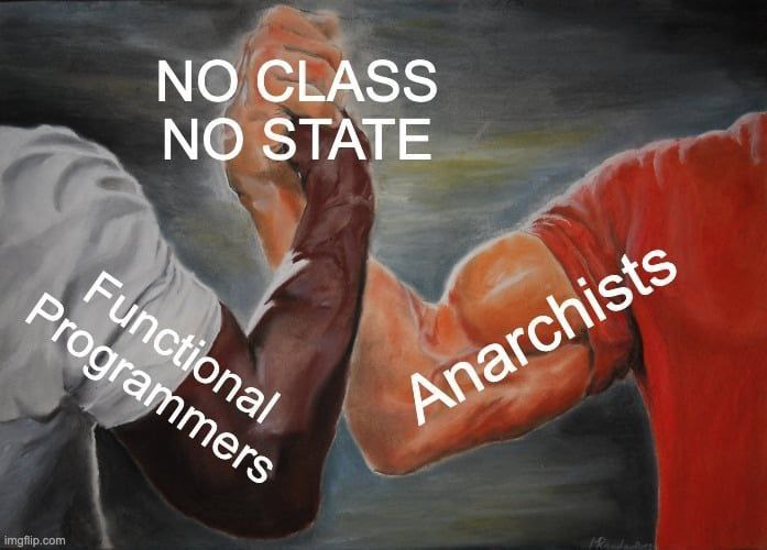 two buff as heck manly hands clasp in a powergrip of manly masculine love, bulging with loving manly biceps, flexing upon the following text.  top:  no class no state bottom left:  functional programmers bottom right: anarchists