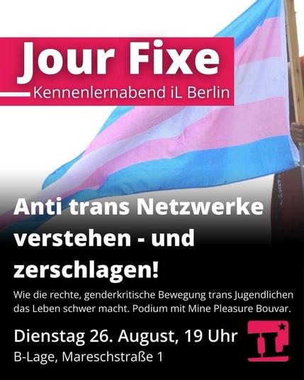 💥Ankündigung! Dienstag 26.08.2025💥

🏳️‍🌈 🏳️‍⚧️✊🏾Anti trans Netzwerke verstehen und zerschlagen!✊🏾🏳️‍⚧️🏳️‍🌈

Dienstag 26.08.2025 | 19:00 Uhr | B-Lage Mareschstraße 1, 12055 Berlin

Anreise: S9, S41, S42, S45 Sonnenallee | Bus 171, M41 Mareschstraße

📣 Aufruf: https://asanb.noblogs.org/?p=12814 - @il_berlin

#b2608 #QueerFeminismus

Vom 11. bis 14. September will die sogenannte "Society for Evidence-Based Gender Medicine" (SEGM) in Berlin eine Konferenz abhalten. SEGM ist in Wirklichkeit als transfeindlicher Think Tank Teil eines internationalen Netzwerks, das gezielt Lobbyarbeit gegen die Gesundheitsversorgung von trans Kindern und Jugendlichen betreibt.

Mit ihr verbundene Ärzt*innen, Therapeut*innen und Wissenschaftler*innen verbreiten seit Jahren Fehlinformationen zu geschlechtlicher Vielfalt und medizinischer Transition sowie antifeministische und verschwörungsideologische Narrative.

Unter dem Deckmantel von „Wissenschaft“ werden transfeindliche Positionen als vorgeblich neutrale Fakten verschleiert um ein Fachpublikum aus Medizin, Psychotherapie und Wissenschaft zu adressieren.

Die genderkritischen Angriffe auf die Gesundheitsversorgung von trans Kindern und Jugendlichen unterminieren mittlerweile erkämpfte medizinische Standards, um gezielt Familien und Fachkräfte zu verunsichern.