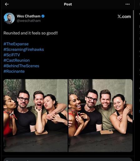 $ actors from The Expanse clown around and mug for the camera.

Text:
Reunited and it feels so good!!
#TheExpanse
#ScreamingFirehawks
#SciFiTV
#CastReunion
#Behind TheScenes