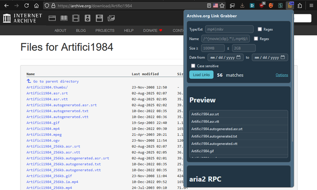 Screenshot of an Internet Archive page showing the file directory for Artifici1984. The page lists multiple file formats such as .srt, .vtt, .txt, .gif, .mp4, .mpeg, .ogv, and others. On the right-hand side, a browser extension panel titled Archive.org Link Grabber is open. The panel shows filters for Type/Ext, Name, Size, and Date, with regex and case sensitivity options. Below, it displays “56 matches” and a preview of filtered results such as Artifici1984.asr.srt and Artifici1984.asr.vtt. At the bottom of the panel is a section titled aria2 RPC.