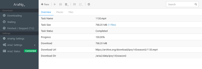 Screenshot of the AriaNg web interface showing a completed download. The task is named 1130.mp4, with a size of 768.35 MB. Task status is marked Completed with 100% progress. The download URL is https://archive.org/download/ipoy143season3/1130.mp4, and the file is saved in /aria2/data/ipoy143season3. The left sidebar shows categories: Downloading, Waiting, and Finished/Stopped (712), with Aria2 Status marked Connected.