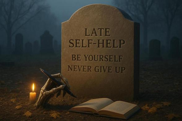 Late Self-Help: Autoayuda para muertos Lápida con inscripciones de autoayuda y una mano esquelética que surge de la tierra tomando apuntes como si quisiera aprender
