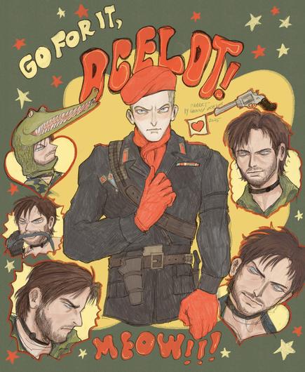 Illustration of young Ocelot (mgs3) replicating thr cover image of the manga Go for it, Nakamura! Around him, there is many faces of Naked Snake and a tiny revolver shooting a flag with a little heart.