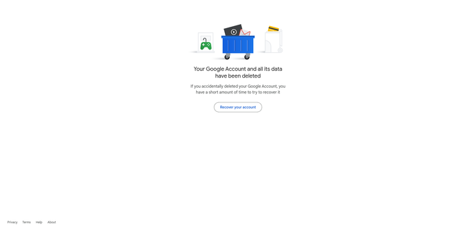 Screenshot of a webpage at Google confirming the deleting of an account.
