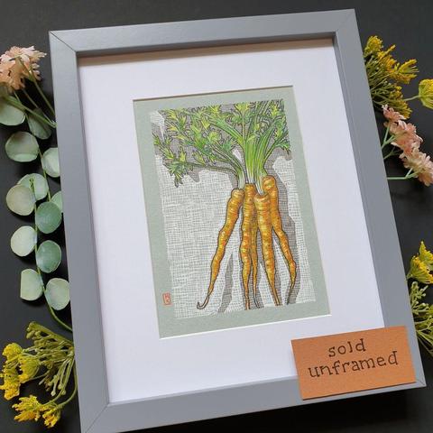A small original drawing of a bunch of slender orange carrots with the stems and leaves still attached. The artwork has a background of crosshatched marks in white and brown. The drawing is on grey toned pastel paper.
An original art work
Colour pencil and mixed media on acid free toned artist paper
5 by 7 inches (12.7 by 17.8 cm).
Sold unframed