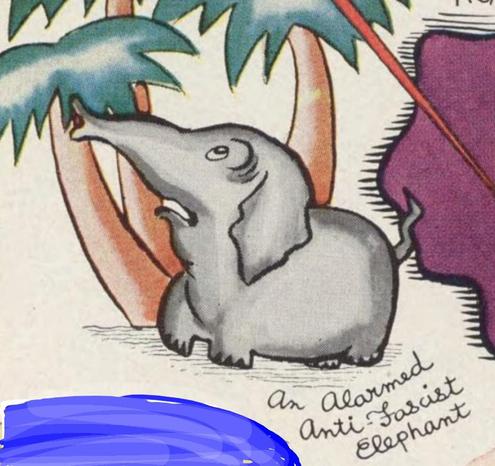 Detalle de la ilustración en la que se ve una caricatura de un elefante con el siguiente texto: ”An Alarmed Anti-Fascist Elephant" (Un elefante antifascista alarmado).