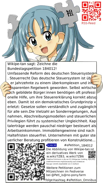 Sharepic zur Petition 184012 für Toots, Posts, Chats, Poster, Banner, Flyer, T-Shirts, Tassen mit QR-Code, der direkt zur Mitzeichnen-Seite des Bundestags oder dem Login der Bundestags-Petitionsseite führt