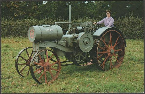 Printed colour postcard showing a view of the International Harvester Co Titan 10/20 tractor of 1917.

Published by Hunday, National Tractor and Farm Museum, Stocksfield-on-Tyne, not numbered.

Postally unused.

Very good condition, with very slight corner bumps.
