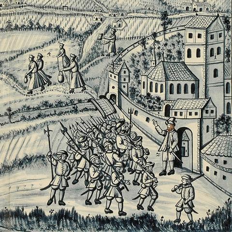 Abbildung aus der Weißenauer Chronik des Abts Jakob Murer über den Bauernkrieg von 1525. Die Flucht Murers mit dem Konvent und den Klosterschätzen nach Ravensburg: Zu sehen ist, wie im Hintergrund vier Personen ein Kloster verlassen, während das Gebäude im Vordergrund von Soldaten belagert wird.