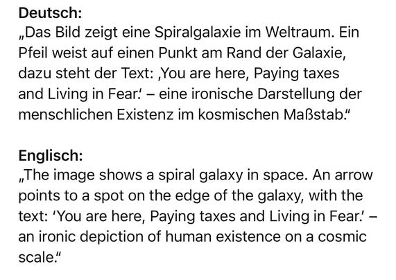 Deutsch:
„Das Bild zeigt eine Spiralgalaxie im Weltraum. Ein Pfeil weist auf einen Punkt am Rand der Galaxie, dazu steht der Text:, You are here, Paying taxes and Living in Fear! - eine ironische Darstellung der menschlichen Existenz im kosmischen Maßstab."
Englisch:
„The image shows a spiral galaxy in space. An arrow points to a spot on the edge of the galaxy, with the text: 'You are here, Paying taxes and Living in Fear! - an ironic depiction of human existence on a cosmic scale."🖖