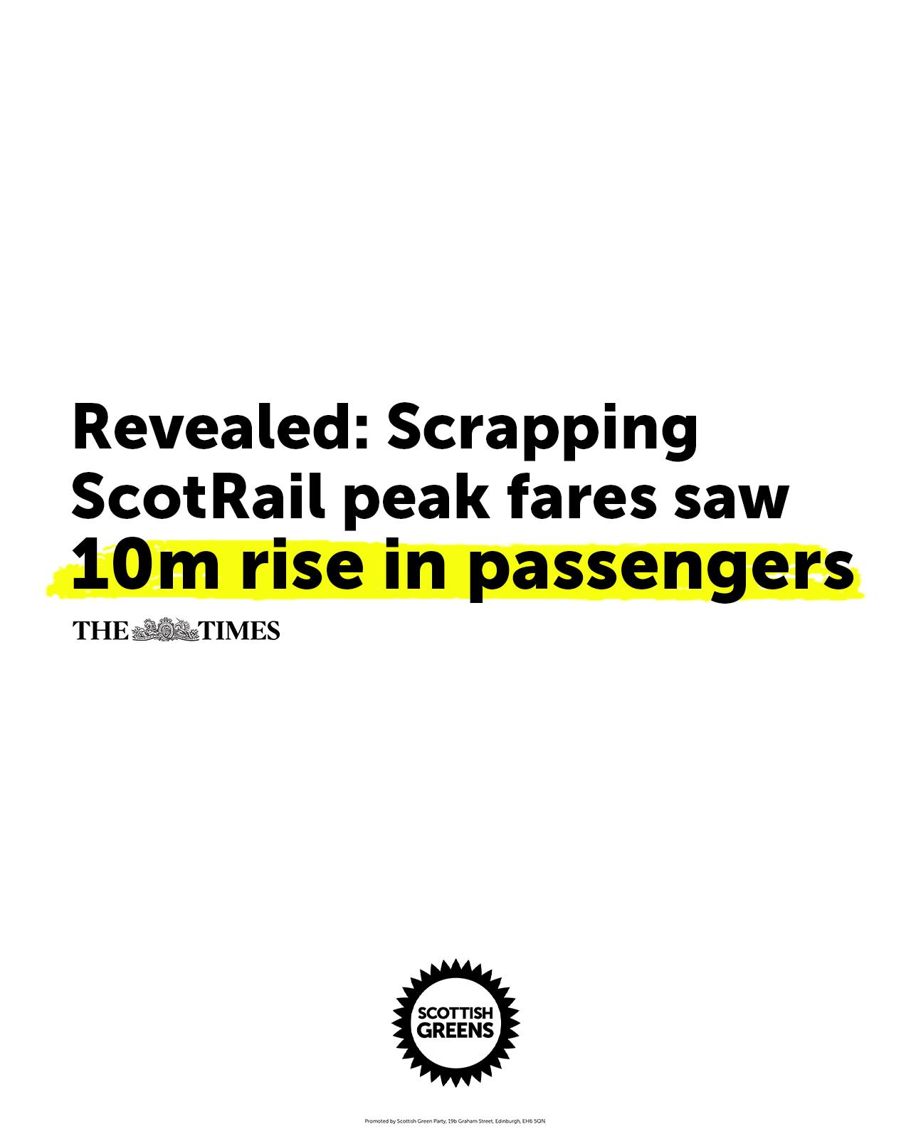 Article in the Times: Revealed: Scrapping ScotRail peak fares saw 10m rise in passengers Scottish Greens.