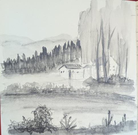 A drawing of the norwegian countryside, across a river and behind fields one can spot a farm surrounded by trees