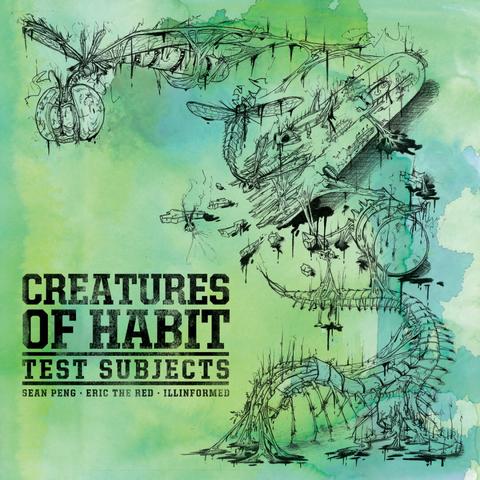 Album cover for Test Subjects by Creatures of Habit (Sean Peng, Eric the Red, and Illinformed). The artwork features a surreal, hand-drawn black ink illustration set against a green and blue watercolor background. Abstract organic shapes and mechanical fragments blend together, forming a biomechanical landscape. A giant centipede-like creature with skeletal armor coils at the bottom right, while fragmented machinery, roots, and skeletal structures extend across the cover. The design gives a raw, experimental, and dystopian feeling, reflecting themes of chaos, evolution, and hybrid existence.