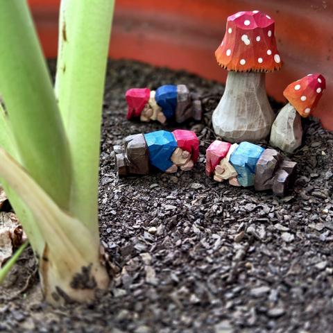 Sleeping Gnomes, clustered around a Mushroom.