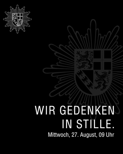 Das Foto zeigt einen Polizeistern mit dem Landeswappen des Saarlandes vor einem schwarzen Hintergrund. Im Bild steht „Wir gedenken in Stille. Mittwoch, 27.9.2025, 9 Uhr.“