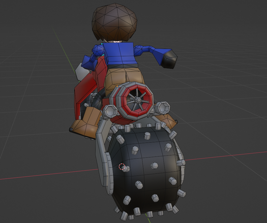 The image shows a rear view of a lowpoly character atop a lowpoly model of a red bike. The rear wheel is wider than the front wheels. The main body of the bike has a sort of turbine at the rear, where air from the air intake at the front comes back out. It's got exhaust pipes on each side.