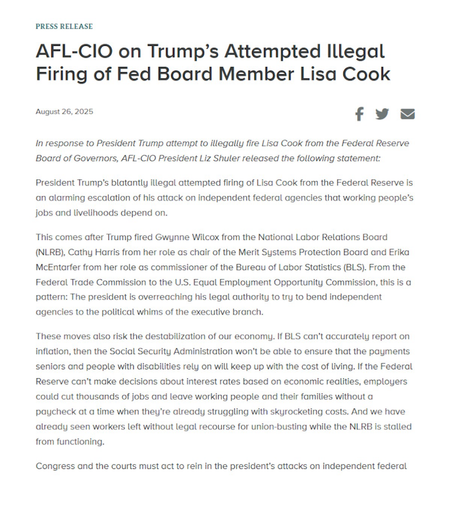 AFL-CIO press release on Trump attempted firing of Lisa Cook