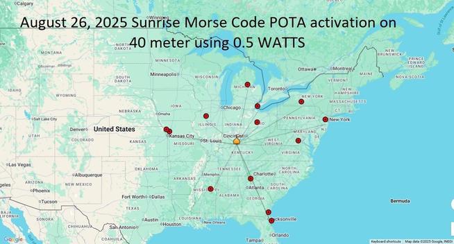 Map of U.S. showing 13 Morse Code Amateur Radio contacts using only 0.5 watts of power.