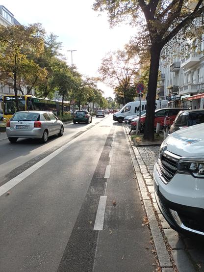 Links eine Fahrspur für Autos, rechts davon eine dicke durchgezogene Linie für Stehblechplatzsuch- und Rangierverkehr sowie Radlys, rechts davon Strichellinie, bevor nach ca 50 cm eine flache Bodsteinkante den Querstehblechbereich beginnen läßt. In ca 10m Entfernung steht ein sehr langer MILES Transportsprinter quer und ragt vorne bis in die rechte Fahrspur, sodaß Radlys genötigt sind, sehr nah an die sie überholenden Autos auszuweichen...