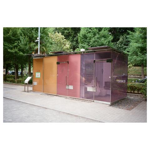 Three transparent glass cubicles (toilets) – orange, pale red, and purple – that turn opaque once locked from the inside.