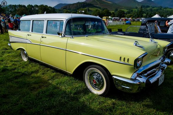 yellow classic 1950's chevy estate car