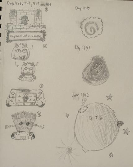 Days 436, 437, 438, and 439: Deltarune comic, check link in post to individual images with Alt tags.

Day 440: a narutomaki (that spiral fish cake thing you can get in ramen)

Day 441: Black Mage job stone (Final Fantasy XIV Online)

Day 442: Asteroid B 612 (The Little Prince)
