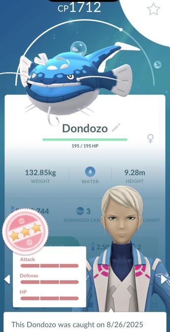 Pokémon Go stats screen for a Dondozo (blue & white catfish Pokémon) with perfect stats