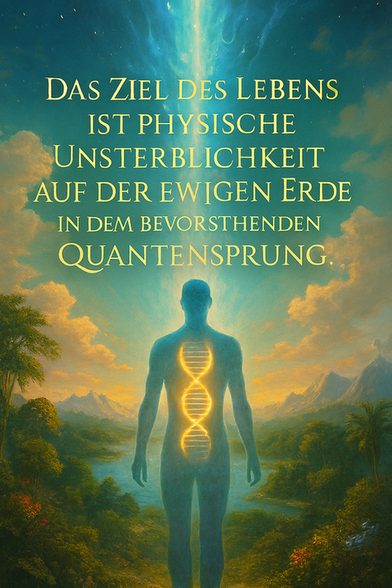 Spruch:
„Das Ziel des Lebens ist physische Unsterblichkeit auf der ewigen Erde in dem bevorstehenden Quantensprung.“